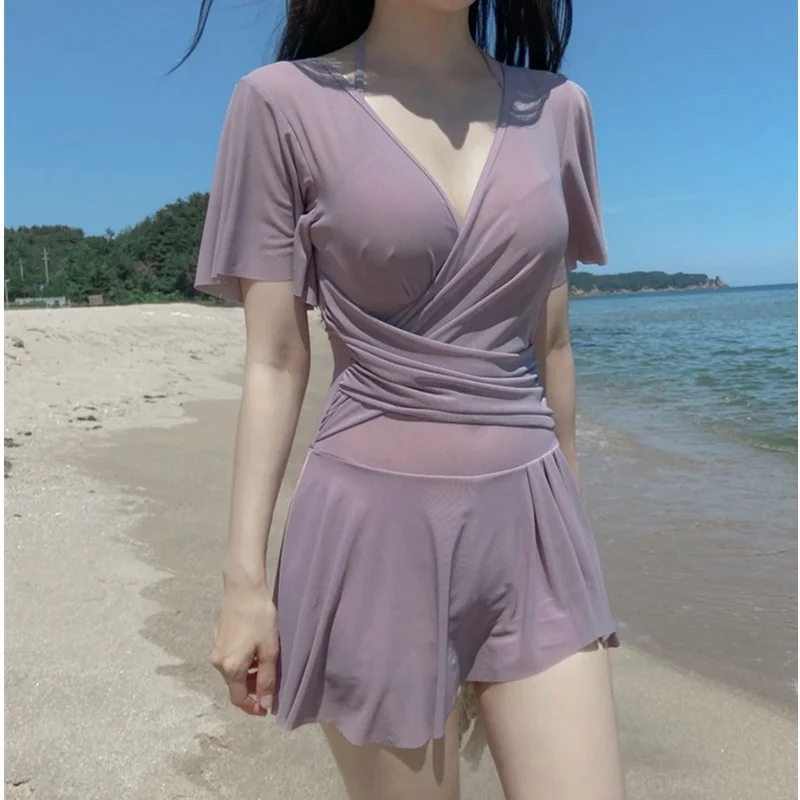 Short Sleeve One Piece Swimming Suit for Women Korean Mesh Slimming V-neck Solid Swimwear Woman Beach Bathing Suit Wear Ruched