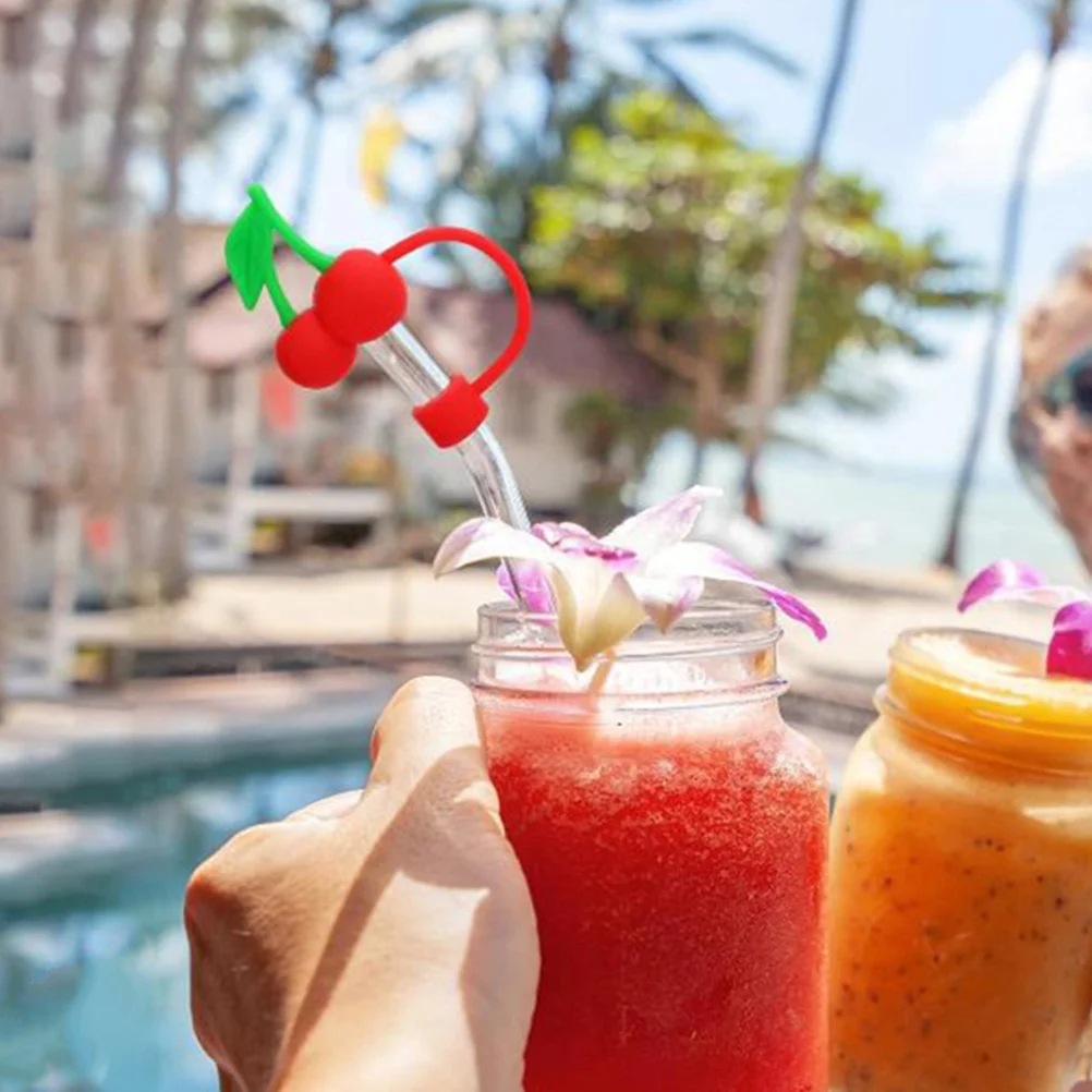 

Силиконовые чехлы для соломинки, многоразовые стаканы 10 мм, пыленепроницаемые, милый вишневый дизайн, аксессуары для стаканов, силиконовая соломенная крышка с вишней