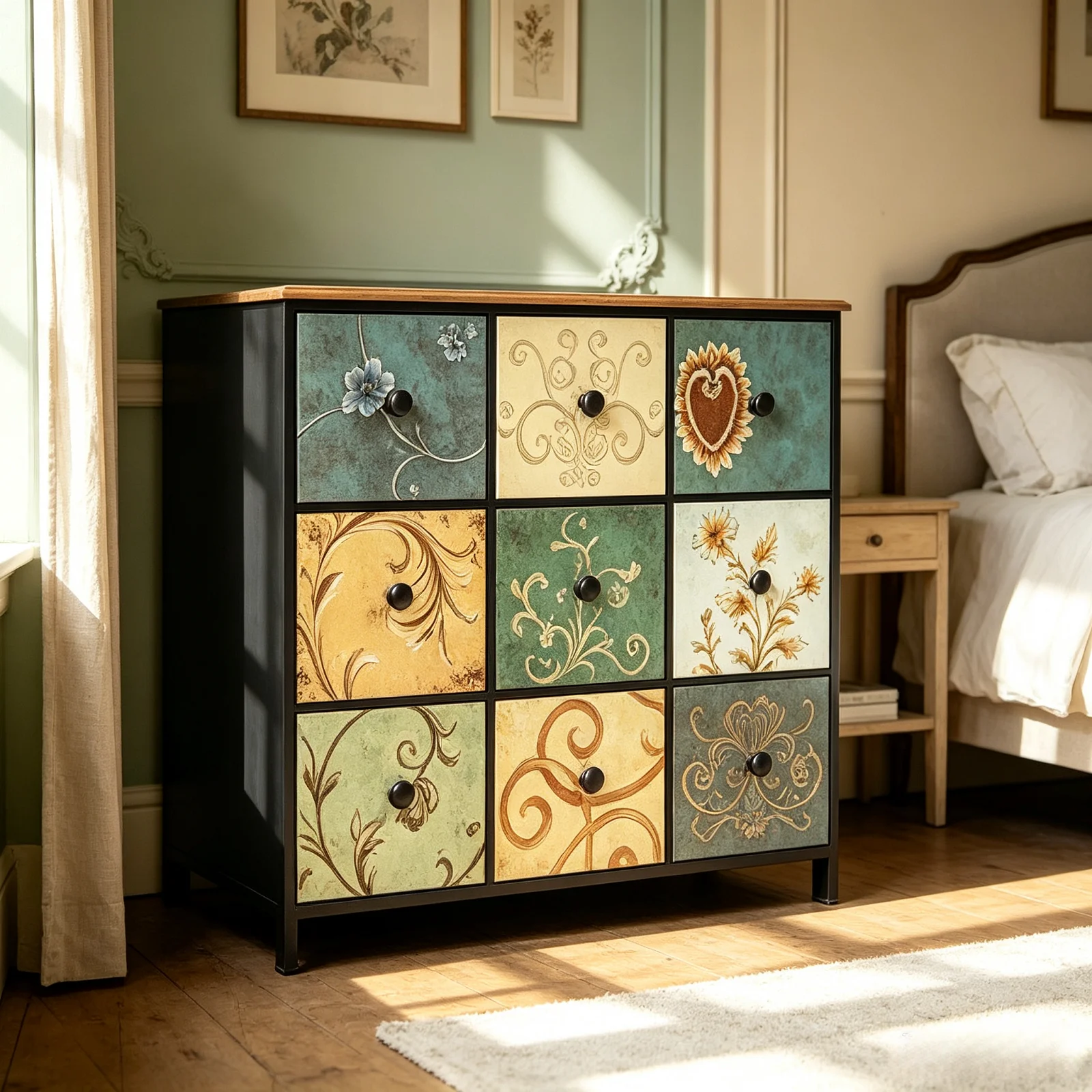 Comanlai Commode à 9 tiroirs, commode vintage avec poignée noire, structure métallique et plateau en bois, armoire de rangement, tour de rangement en tissu pour salon, chambre, couloir, entrée