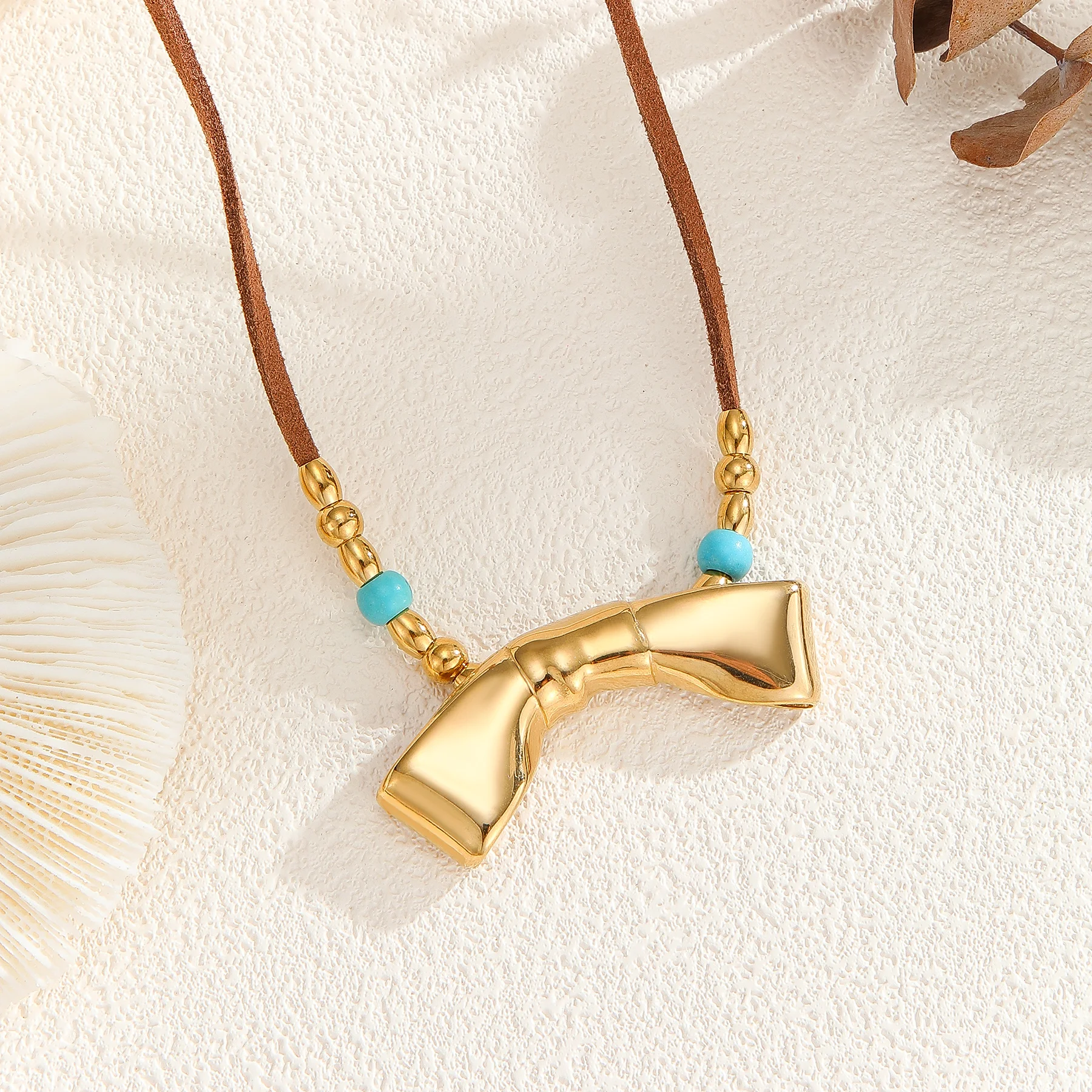 خمر الذهب اللون الشمس القوس زهرة قلادة القلائد للنساء البني الجلد المدبوغ الحبل الفيروز الخرز سلسلة المختنق الشتاء مجوهرات هدية #3