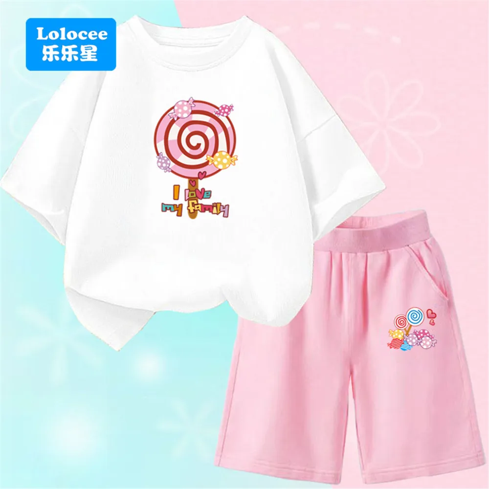 Kids' Pink Candy Lollipop“I Love My Family” Outfit By Lolocee,Short Sleeve T-shirt Top+ Elastic Shorts, Sweet Girls' Summer Wear