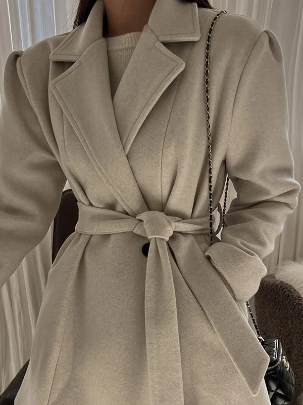 

Ele Women's Woolen Coat Chic Winter Vintage Suit Collar Long Sve Faionable Versatile Ladies' Outerwear