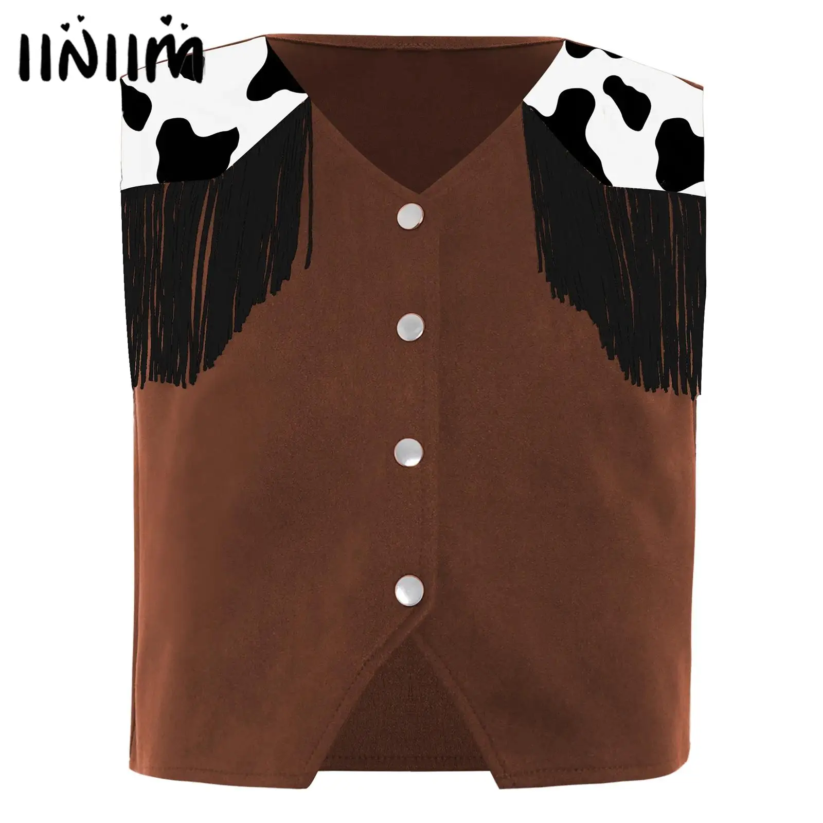 

Костюм для косплея в стиле вестерн-ковбой для девочек, жилет с принтом, жилет с v-образным вырезом на груди и бахромой на кнопках, жилет на тему Хэллоуина, вечерние жилет