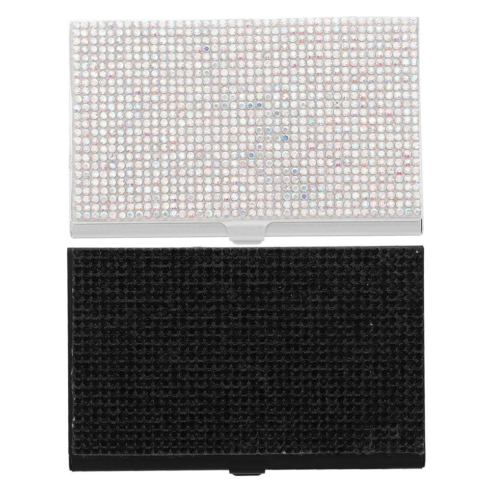 

2pcs Water Diamond Business Card Holder Shiny Rhinestone Aluminum Alloy Compact Ultraslim Desk Office Metal Card Box