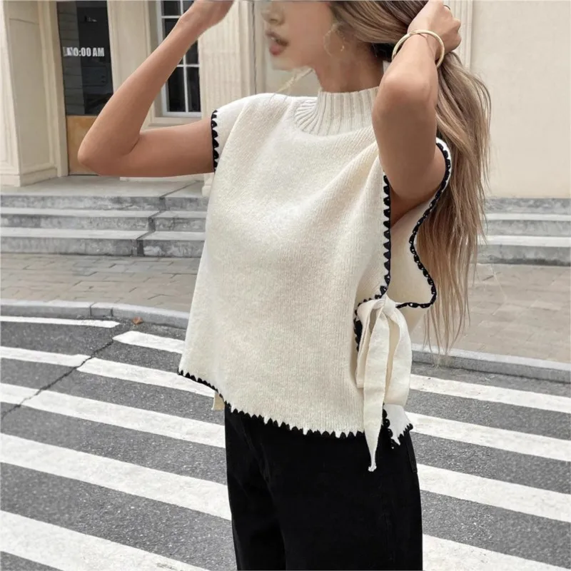 

Hot Fashion O-neck Simple Design Vest Bow tie Tops Women Casual Clashing Color Sweater Blouse Elegant Bow Tie Knitted Pullover