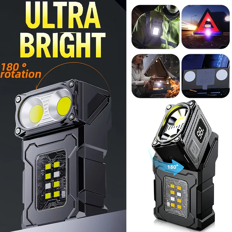 Rechargeable EDC LED Flashlight Adjustable Magnetic Mini Work Light, Portable Camping Lamp for Outdoor Hiking Fishing Emergency