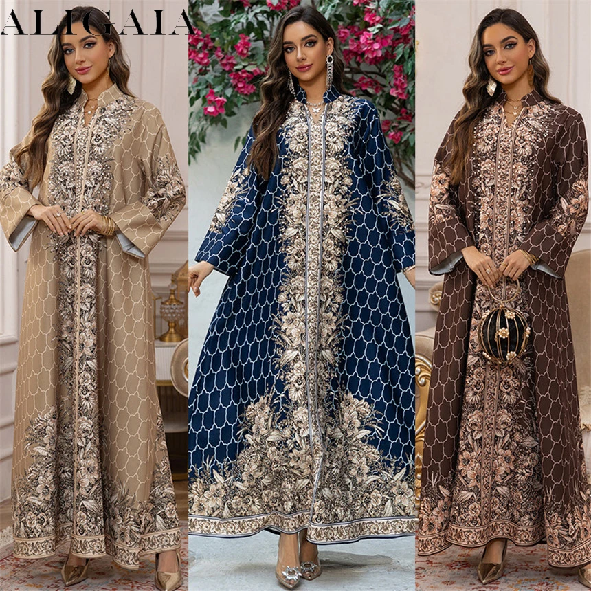 Aligaia Luxury Ramadan Moroccan Jacquard Abaya Dubai Beaded Bright Line Decoration Kaftan Women Elegant Eid Evening Dress 2026