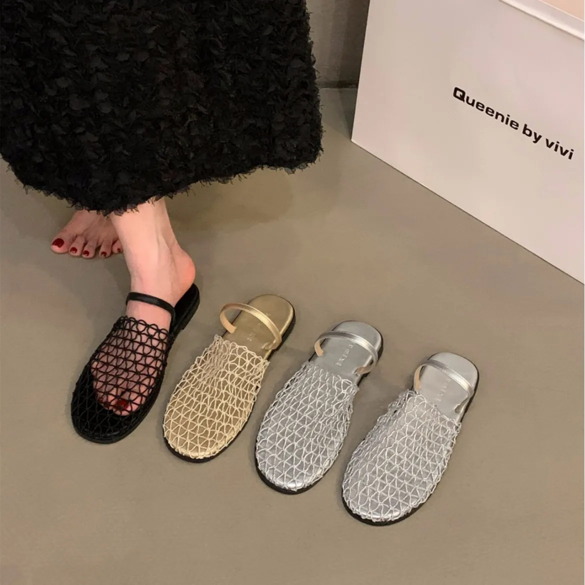 

New 2023 Women Fashion Flat Sandals Silver Toe Soft Sole Mesh Slip On Shoes Summer Beach Walking Comfortable Lightweight