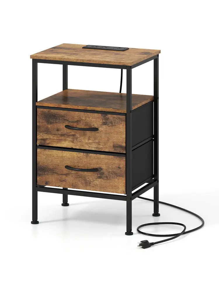 

Nightstand with Charging Station 24.5 inch Modern Bedside Table with 2 Fabric Drawers-Rustic Brown
