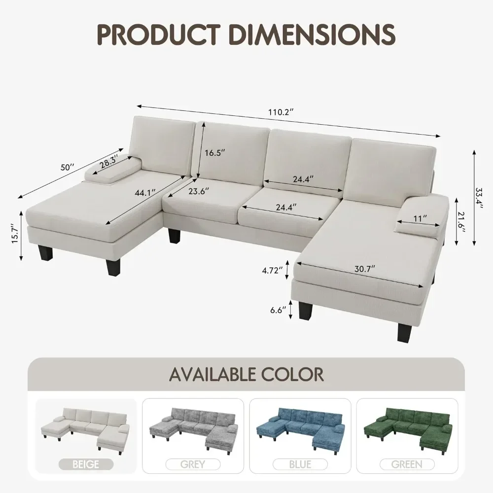 Convertible Sectional Sofa U-Shaped Couch with Soft Modern Cotton Chenille Fabric for Living Room, Oversized Seats