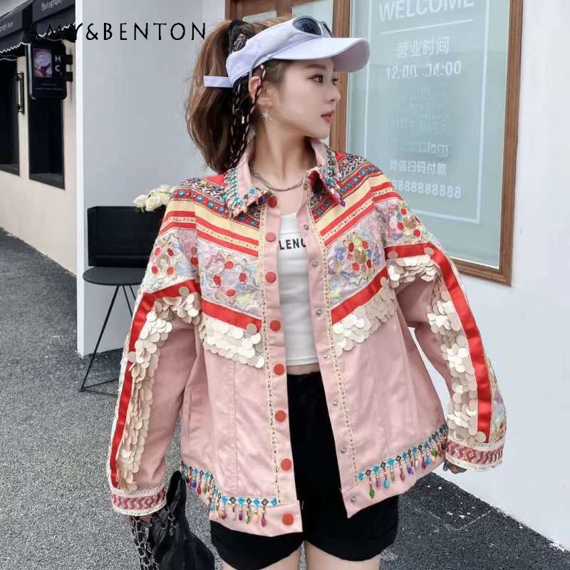 Veste en jean à paillettes de style ethnique pour femmes, conception populaire, printemps, automne, rose, adt, marque de mode supérieure, manteau perlé