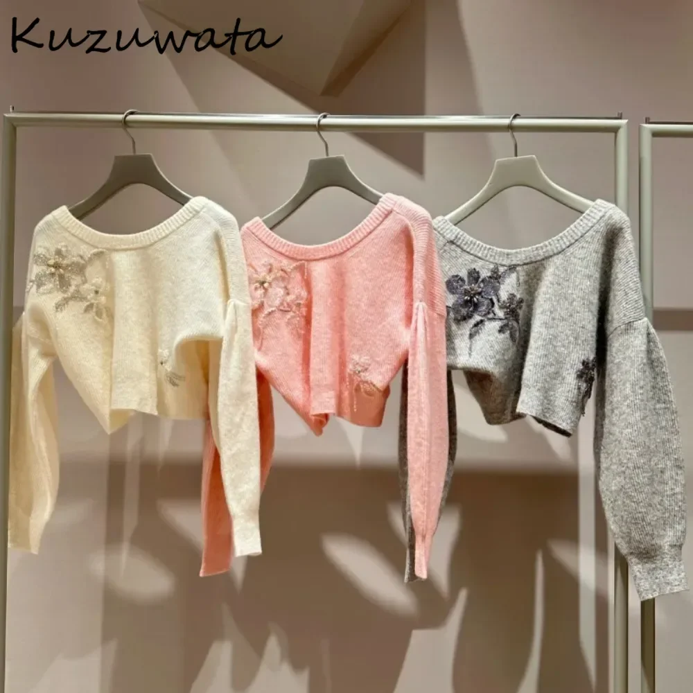 Kuzuwata Winter New Slash Neck Off Shoulder Sweaters Beading Flower Short French Style Pullover Japan Sweet Cute Exquisite Mujer