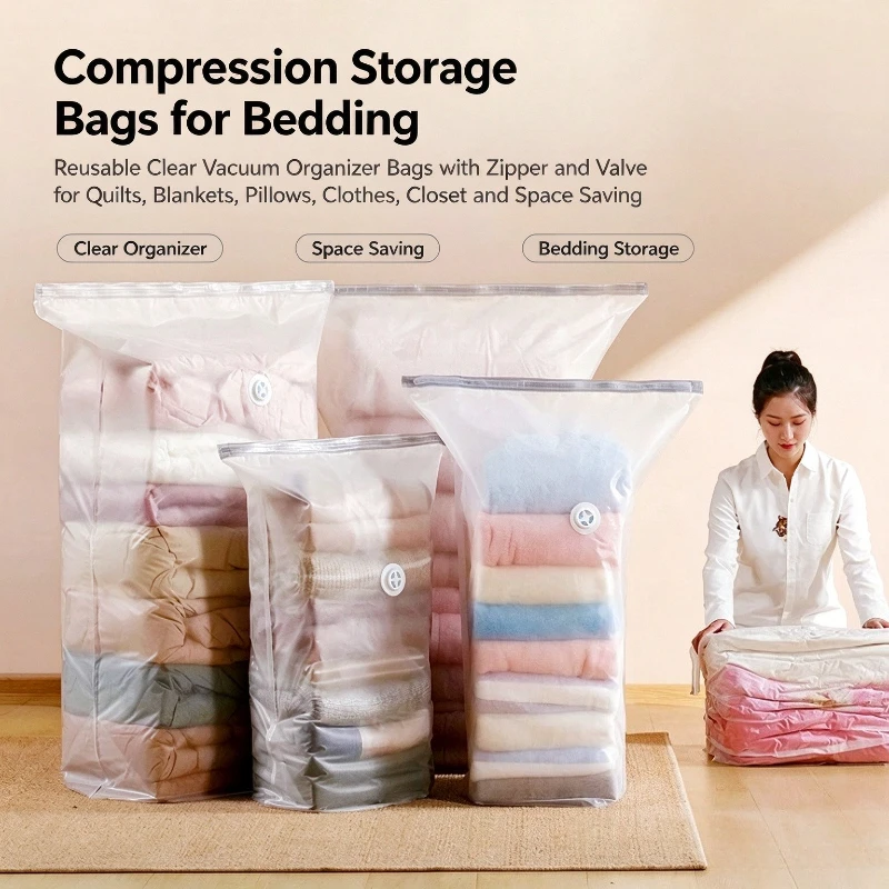 Thick No Pump Needed Vacuum Storage Bags 3D Vacuum Compression Bags for Clothes Quilts Down Jackets Winter Home Storage