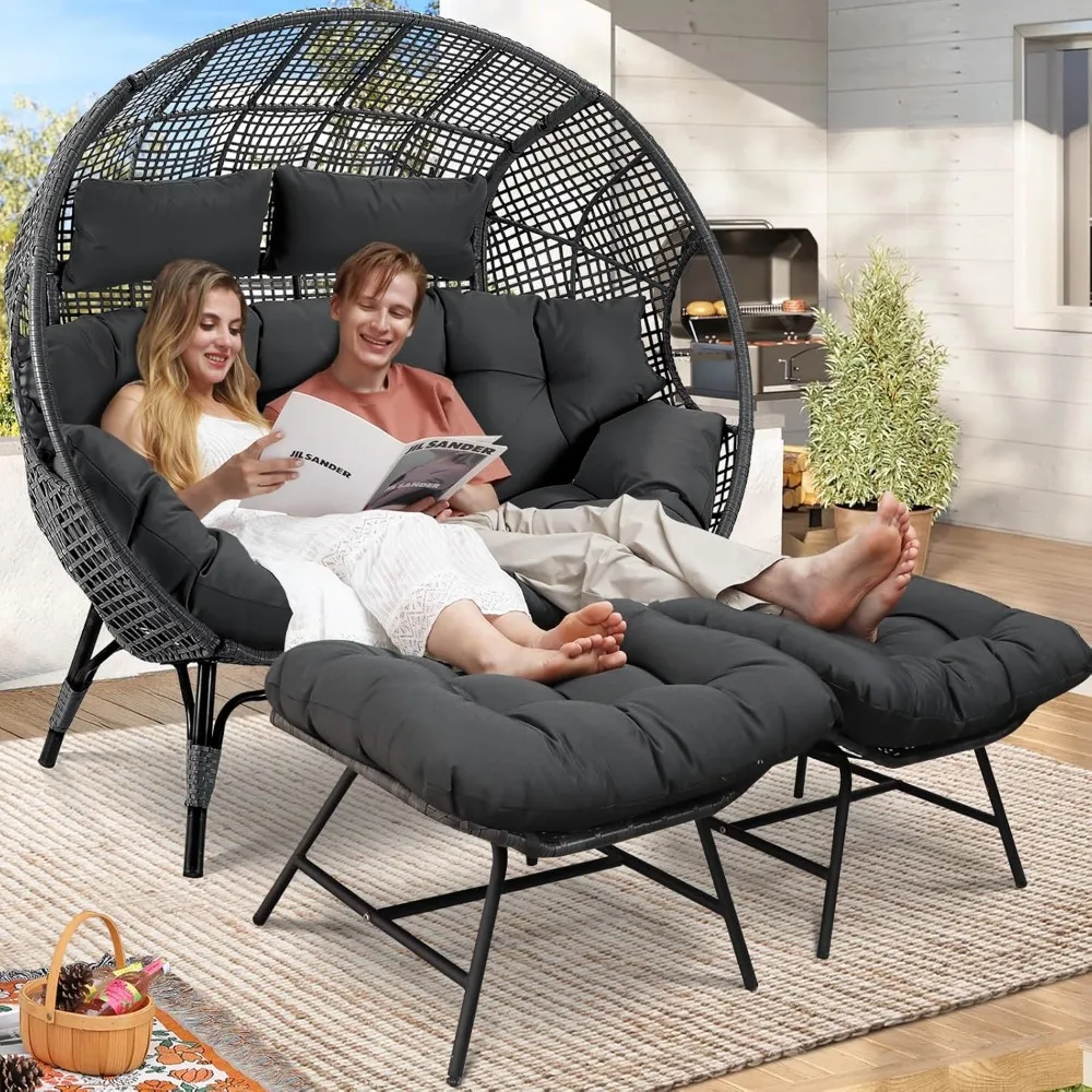 

Double Egg Chair with Footrests, 2 Person Wicker Lounge Chair with Thickened Cushion and Legs, Outdoor Wide Loveseat for Patio