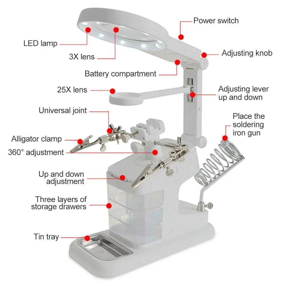 Multi-functional Welding LED Magnifier DIY Soldering Iron Stand Hand Soldering Repair Tool With 3X/4.5X/25X Magnifying Glass