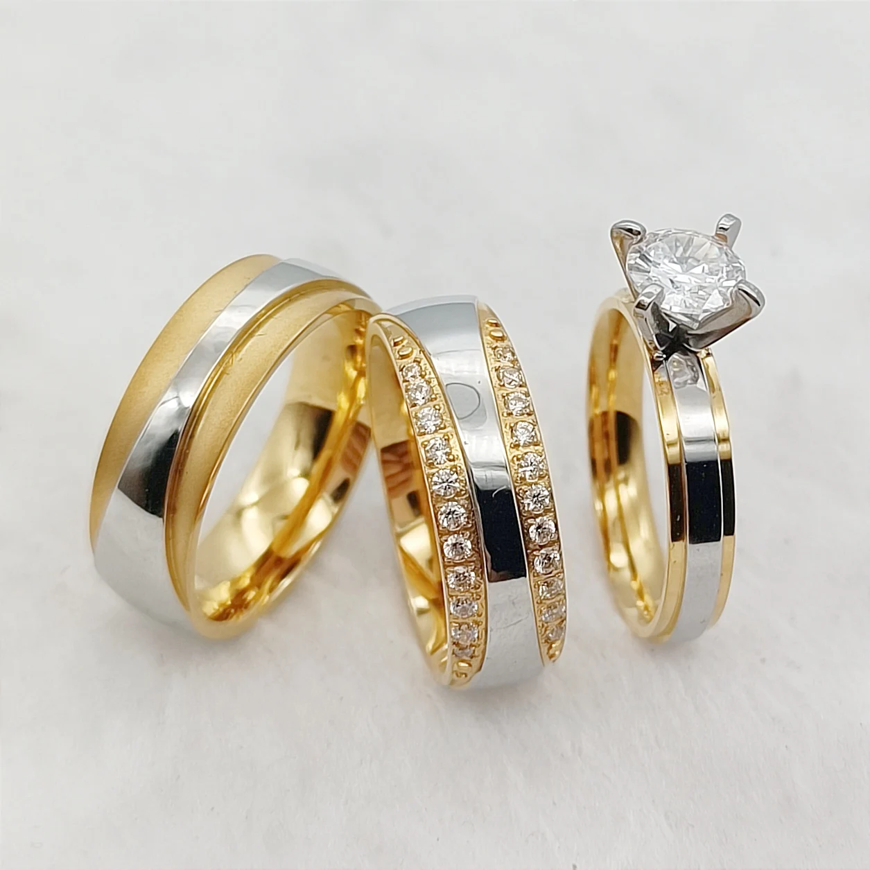 Classic Bicolor Wedding Engagement Rings Bridal Sets For Couples cz Diamond 18k gold plated 316L Stainless Steel Jewelry