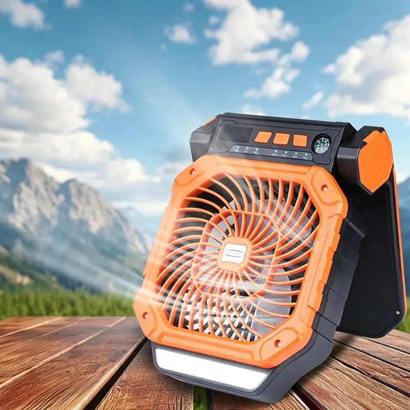 Solar Powered Fan 4-Speed Portable LED Light Cooling Outdoor USB Charging Camping Fans For Home Office Gym Indoor Travel Picnic