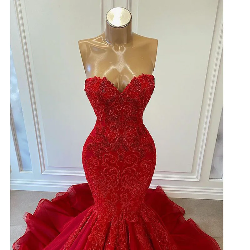 Vestidos de Noche largos de sirena para mujer, traje Sexy de lujo con apliques de cuentas africanas, rojo, para fiesta, 2023