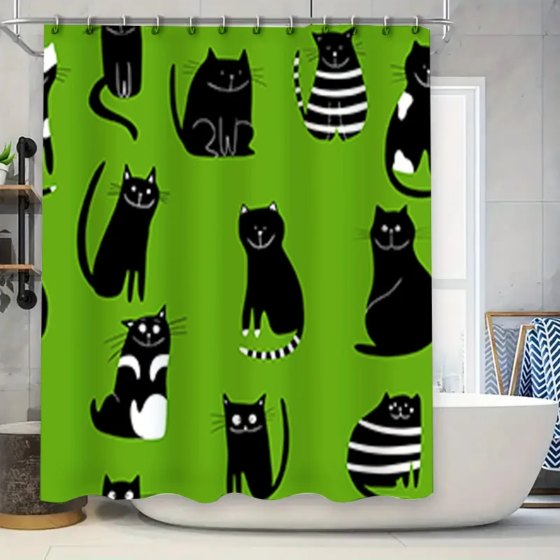 

polyester waterproof shower curtain featuring cute black cats in various poses on a vibrant green background perfect for any cat