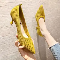 Sapatos confortáveis de festa com salto triangular para mulheres, sapatos sexy stiletto, malha tecida voadora, respirável, verão