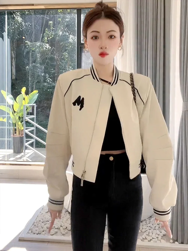 Short Baseball Jacket Women's Casual Loose Fashion Korean Style Spring Autumn Top Shirt Coat Zipper Closure Long Sleeve