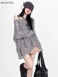 2022 otoño nueva moda jerseys rasgados mujeres coreano holgado Chic Simple tejido Sexy bata Ulzzang ropa de calle Vintage suéteres