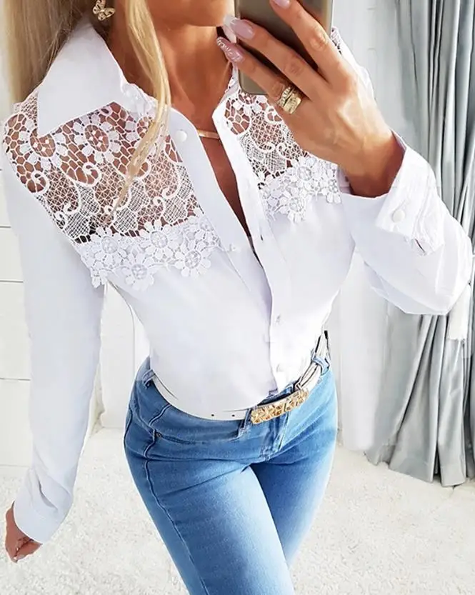 

Shirt Turn-Down Collar Long Sleeve Button Lace Daily Slight Stretch Semi-Sheer Floral Pattern Lace Patch Buttoned Top