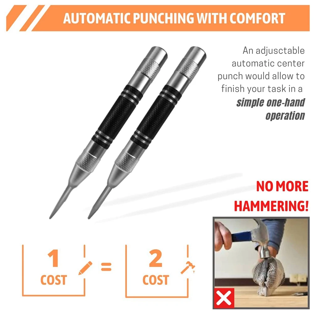 Automatic Center Punch 5 Inch Spring Loaded Center Punch Adjustable Tension Punch Tool for Metal Wood Glass 2 Pcs