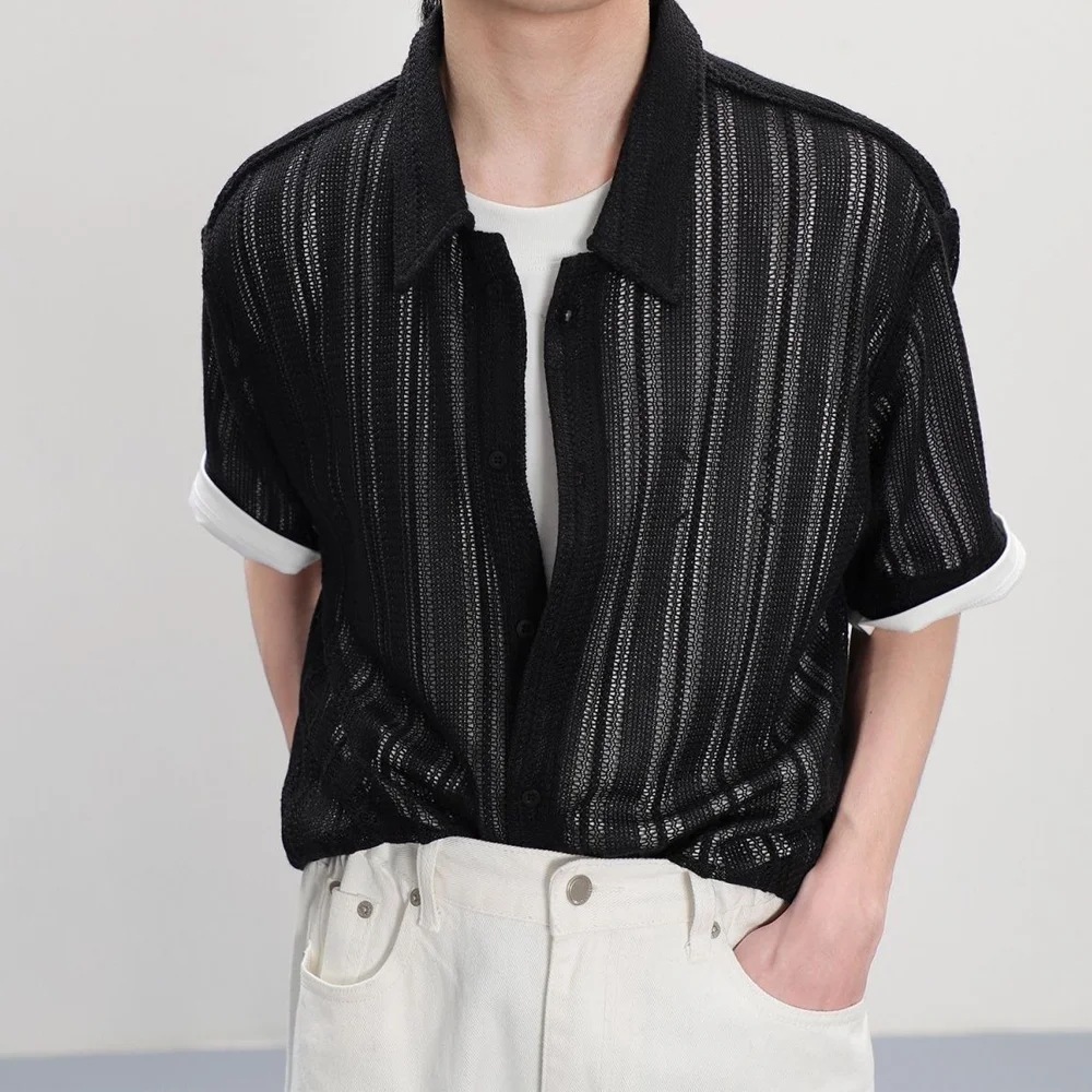 Men's Mesh Knit Shirt Hollow Out Striped Short Sleeve Casual Loose Fit Streetwear Summer Breathable Button Shirt 2026 New