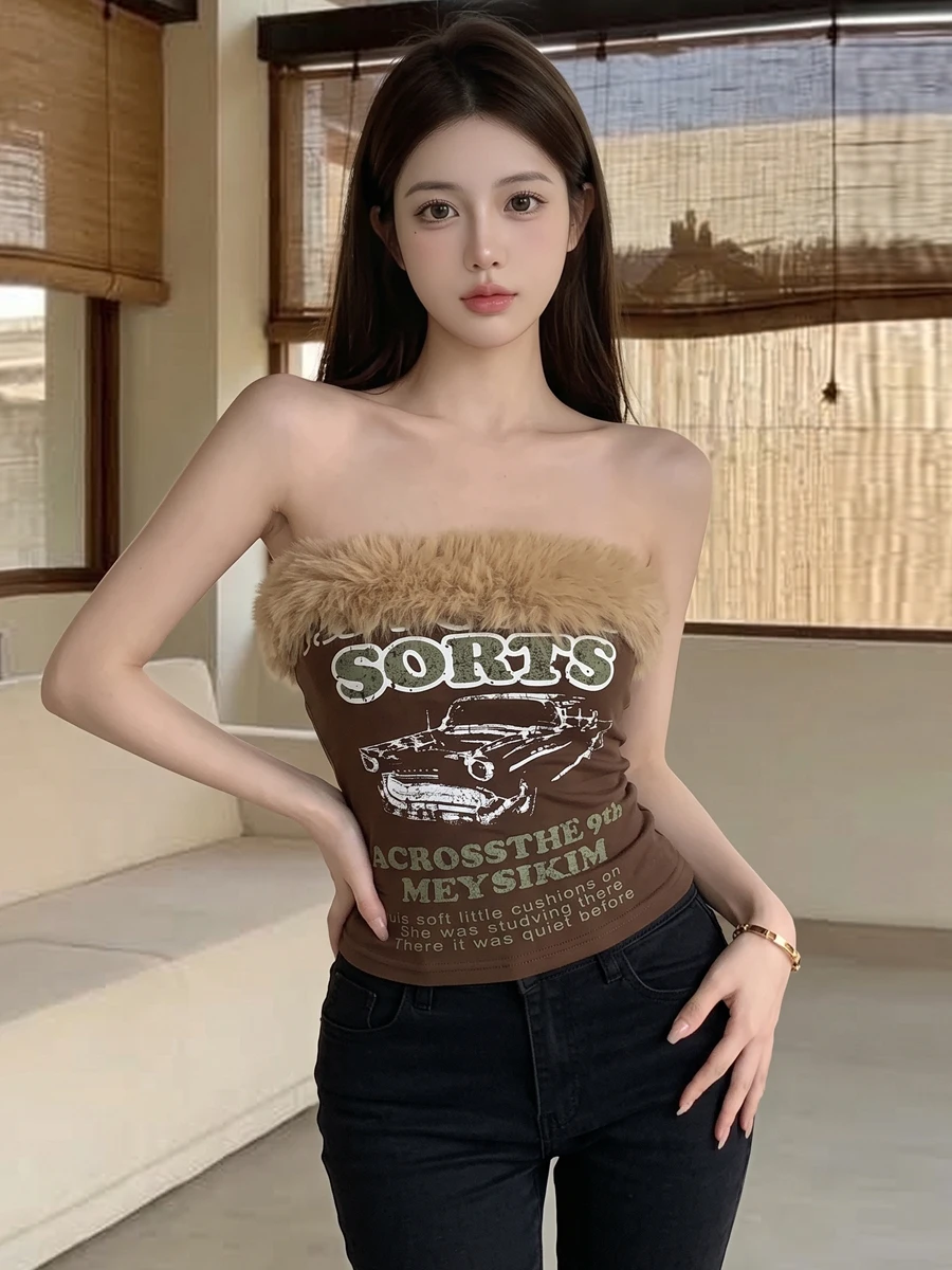Sexy American Style Spicy Girl Print Shoulder Bared Vest Retro Hong Kong Flavor Slimming Head over Footwear Trendy Top for Women