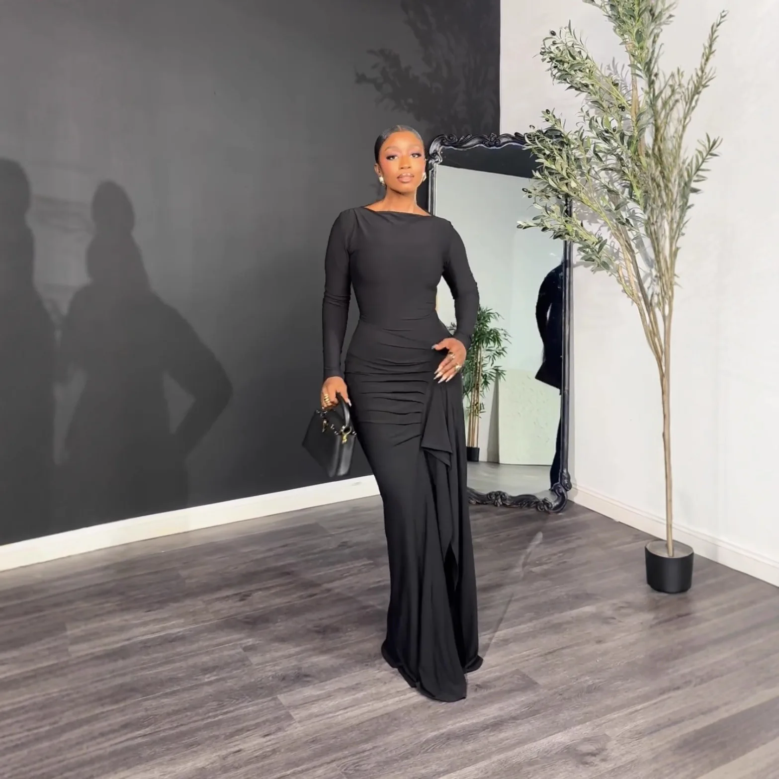 

Весенне-осеннее новое элегантное вечернее платье для ужина, сексуальное черное длинное платье с нерегулярным разрезом на шнуровке, модное тонкое платье с длинными рукавами