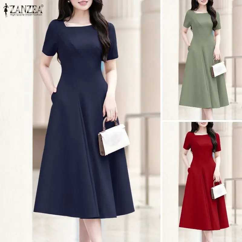 Stilvolle A-Linien-Partykleider mit Taillierung ZANZEA 2026 Sommer Elegantes Midikleid mit eckigem Ausschnitt und kurzen Ärmeln für Damen, einfarbiges OL-Arbeitskleid
