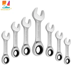 Stubby Ratcheting Combination Wrench Set, 6-19mm Metric Chrome Vanadium Steel Ratchet Wrenches, 72-Teeth, 12-Point Box End