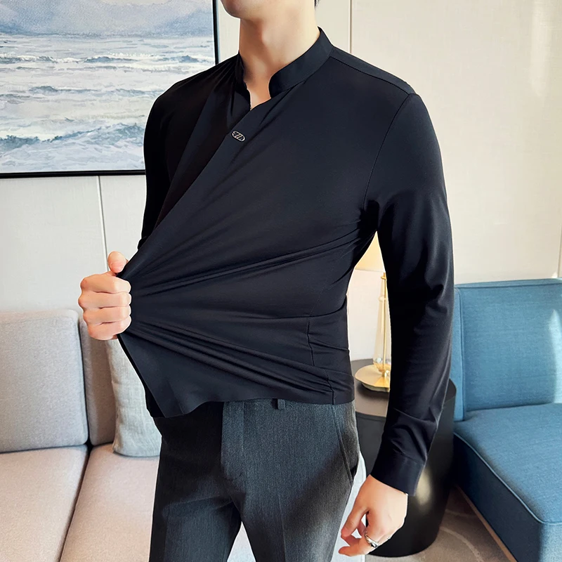 High Elasticity Men Polo Shirt 2024 Autumn Thin Stand Up Collar Solid Casual Elastic Slim Fit Long Sleeves T-shirt Men Clothing