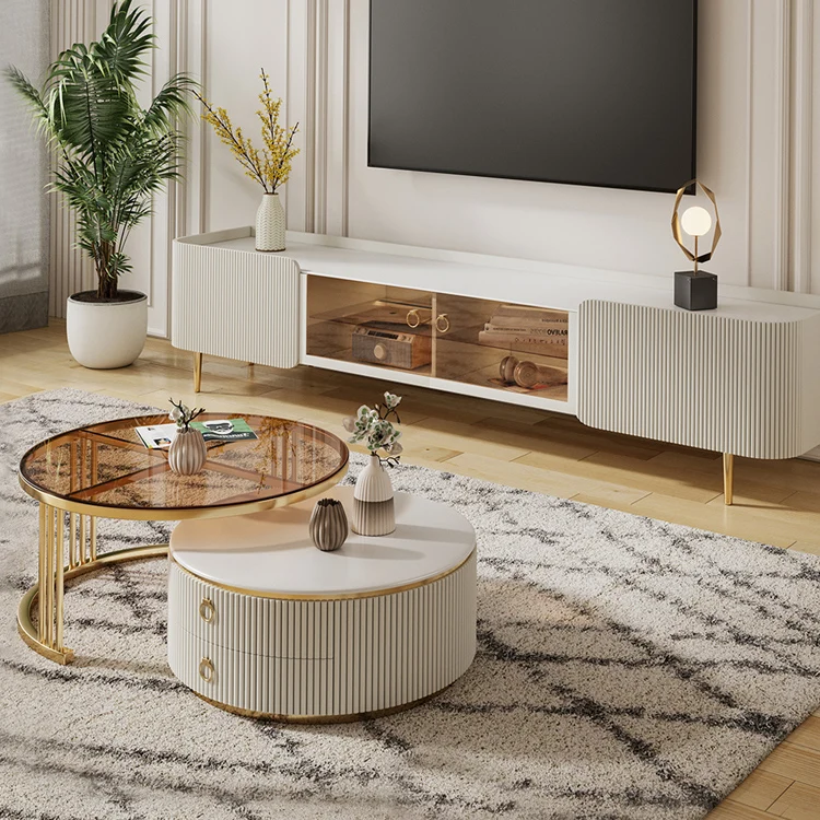 -For Nordic Luxury TV Stand and Coffee Table Set Living Room Center Home Storage Glass Top Modern Round Nesting Coffee Table&