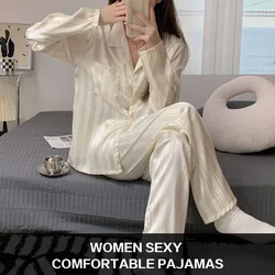 Women Pajamas Striped Pijama Sets Silk Satin Female Home Clothes Sleepwear Longsleeve Shirt Pants Homewear Shirt Pants Loungewea