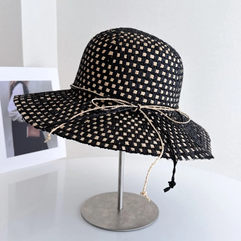 Luxury Hand Wwoven Color Matched Fisherman Hat Summer Outings Sun Protection Straw Hat Fashionable Checkered Rafi Grass Hat