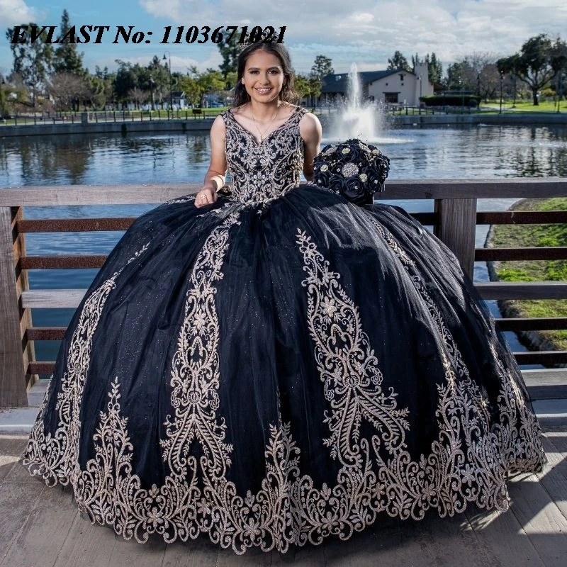 

EVLAST Customized Black Quinceanera Dress Ball Gown Silver Lace Applique Beaded Corset Sweet 16 Vestidos De XV 15 Anos SQ92