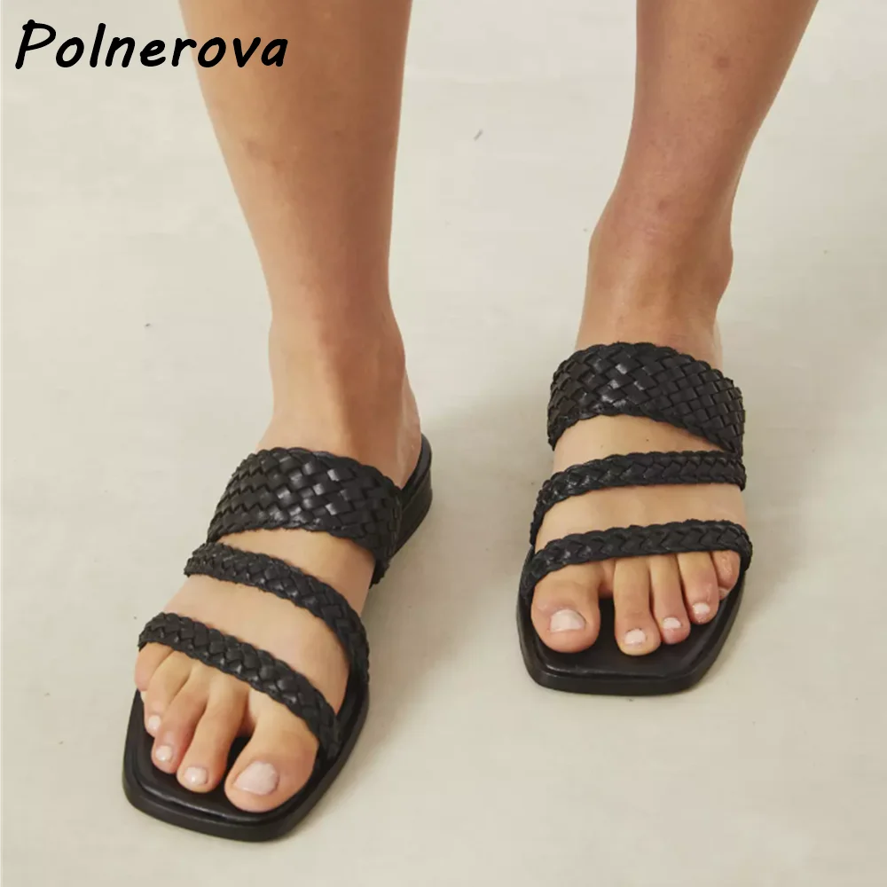 

Weave Band Flat with Slippers Slip On Roman Style Vocation Leisure Summer Shoes Square Toe Straight Strap Summer Women's Shoes