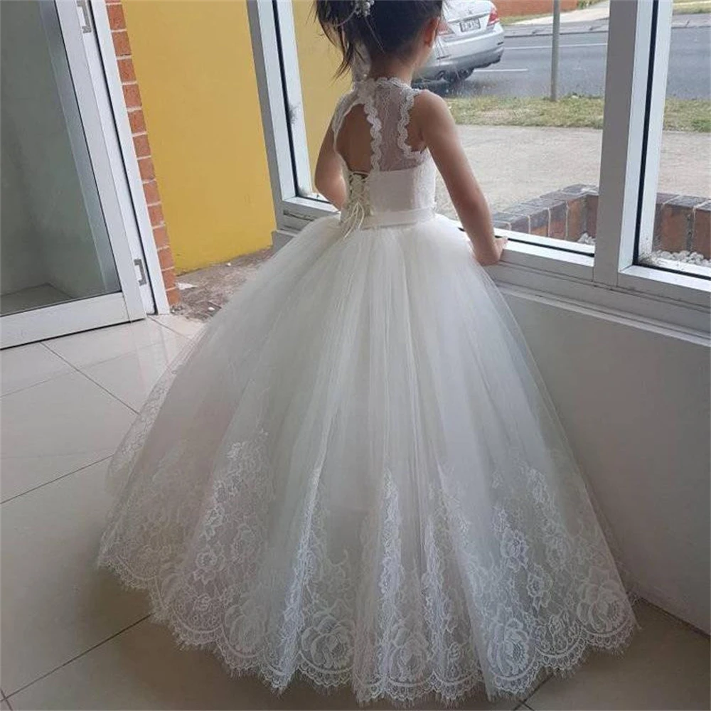 Abiti da ragazza di fiore avorio in pizzo adorabile Abito da festa per ragazza lungo fino al pavimento in tulle semplice personalizzato