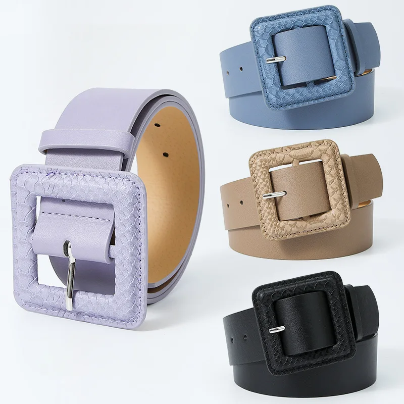 

New Fashion Retro Snakeskin Pattern Pin Buckle PU Women Belt Vintage Square Buckle Decorative Dress Jeans Wide Belt Female