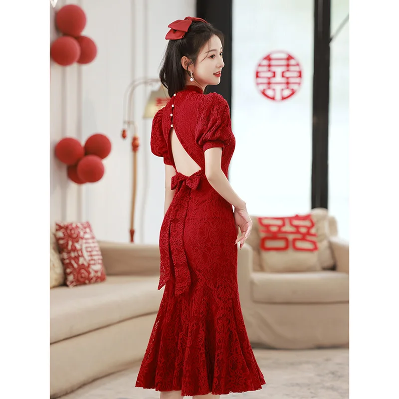 

Women Burgundy Lace Cheongsam Banquet Toast Clothing Qipao Chinese Style Fishtail Wedding Dress