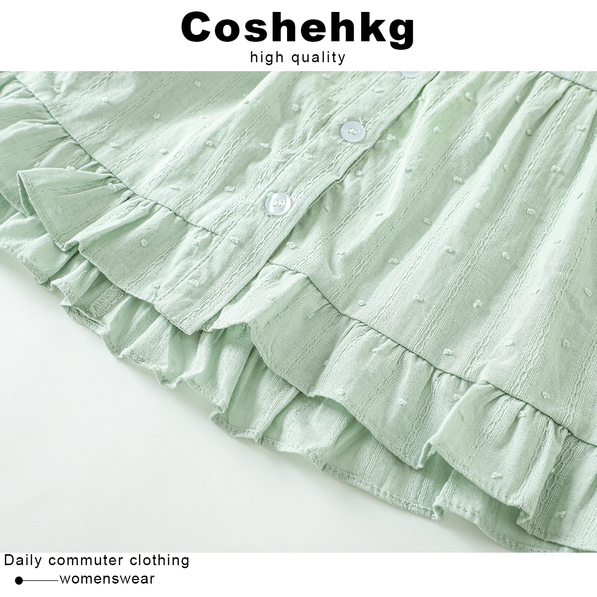 Coehkg Summer New Loose Bubble Sve Ruffle Lace Trim round Ne irt Women's Faion French Sle Button Detail irt