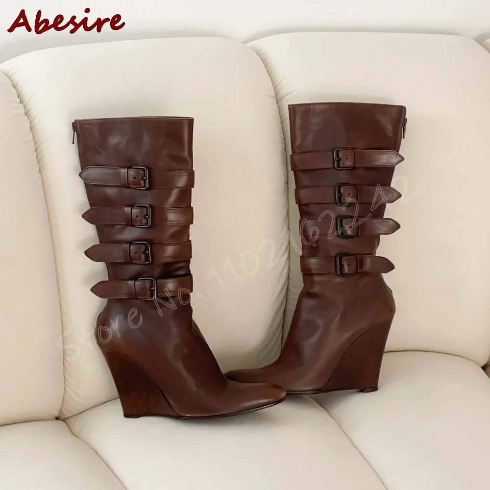 

Винтажные коричневые ботинки до середины икры с пряжкой на танкетке, круглый носок, молния сзади, толстая подошва, элегантные матовые удобные женские ботинки 46