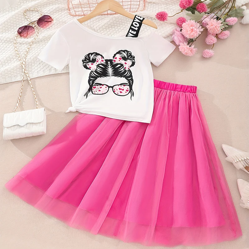 

Two Piece Summer Girl Cute And Fashionable Print Off Shoulder Strap Short Sleeved Mesh Skirt Set Daily Party And Party Set