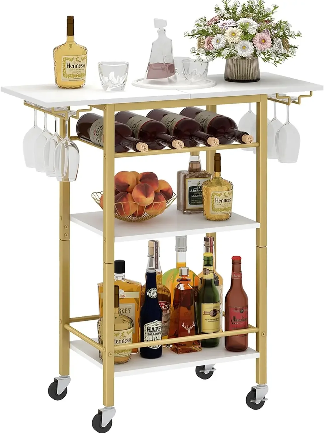 

LAATOOREE Bar Cart, Home Bar Serving Cart, 3 Tier Mobile Drink Beverage Cart, Rolling Kitchen Shelf Cart with Wine