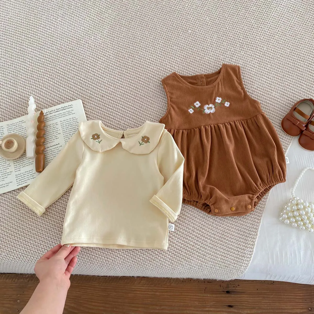 Baby  Suit Sleeveless Romper + Long Sleeves Shirt Corduroy Embroidered   Sweetheart  Baby Girls Bodysuit 1-3Y