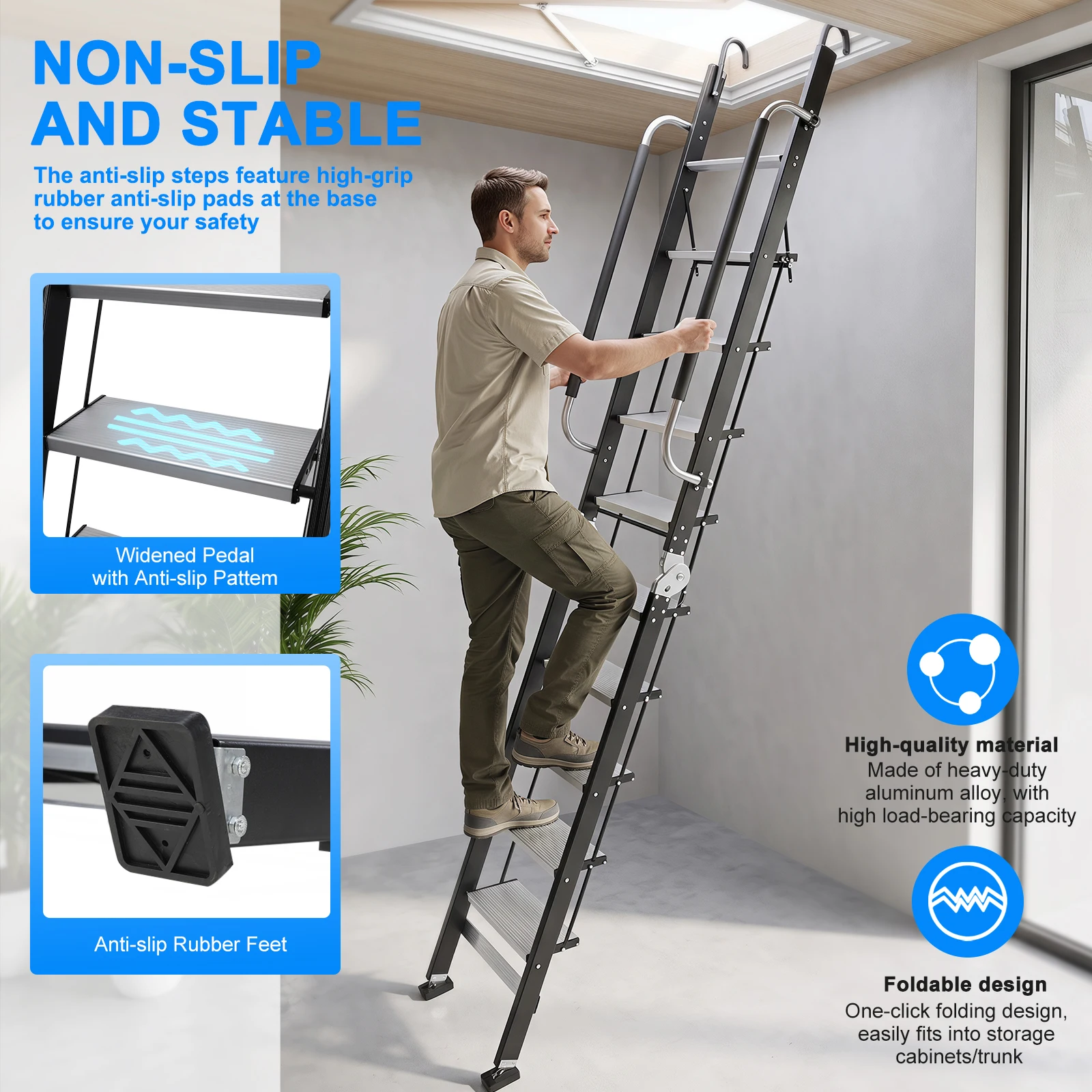 Foldable Aluminum Alloy Attic Stairs 9.5ft Loft Ladder with Handrails & Hooks for Dorms Camper Library RV Deck 330LBS Capacity