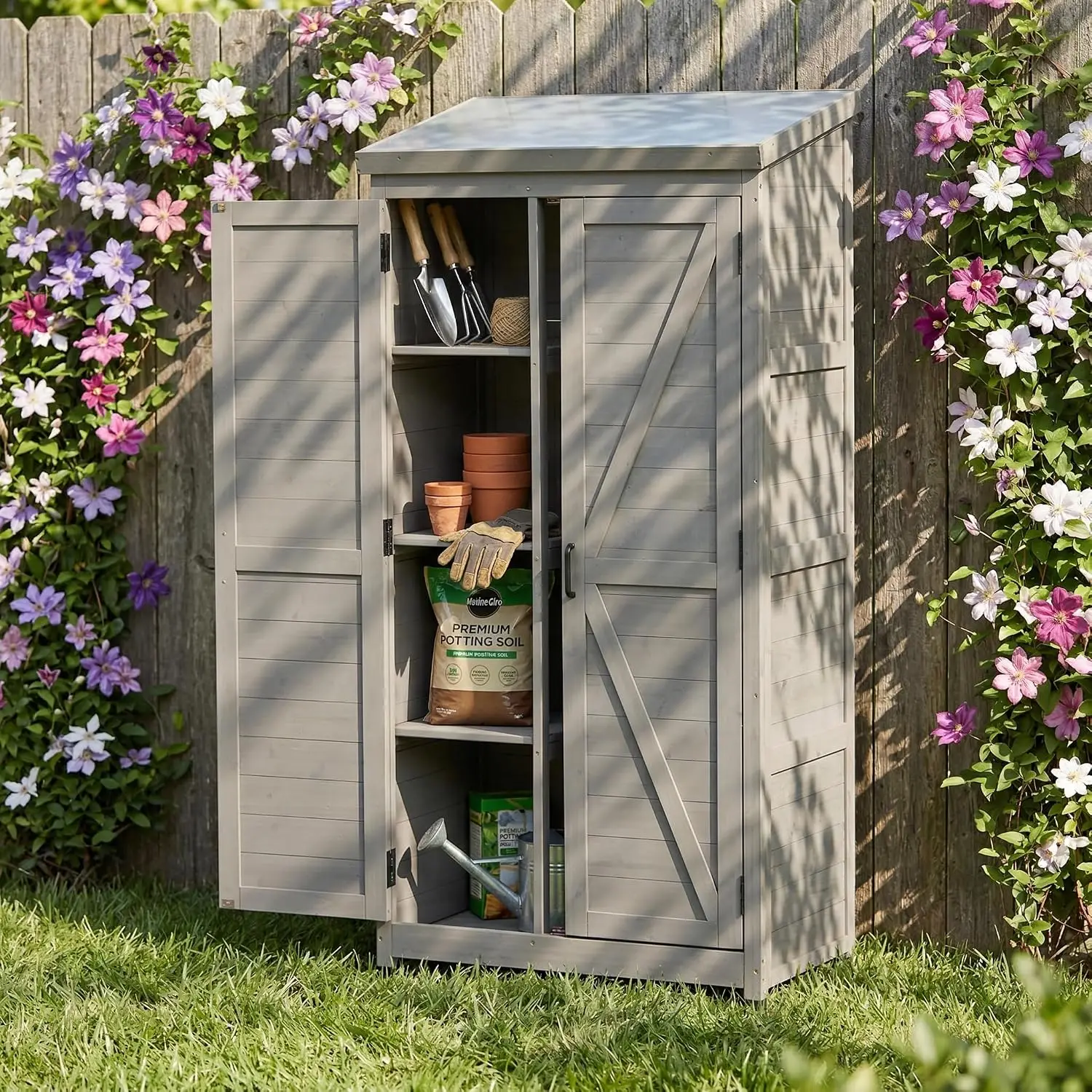 Outdoor Storage Shed Metal Roof Shelves Tall Garden Tool Organizer, Customized