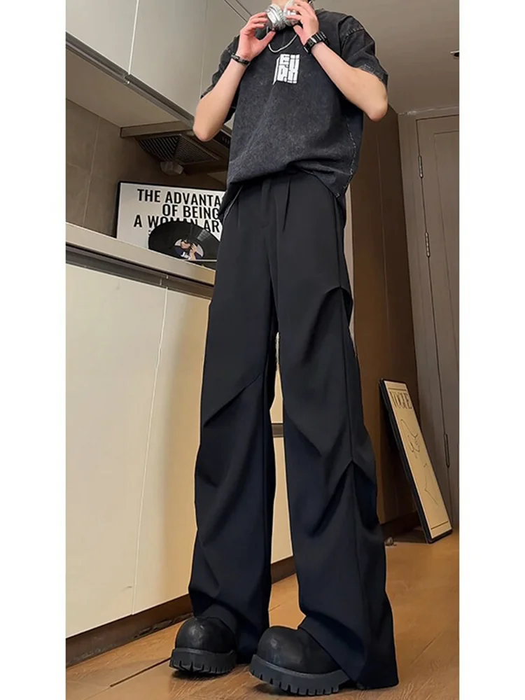 

Мужские брюки-клеш American Sle Pleated Bell Bot для весны и осени, черные, в стиле парашютиста, широкие, струящиеся, с высокой талией, прямые, костюмные